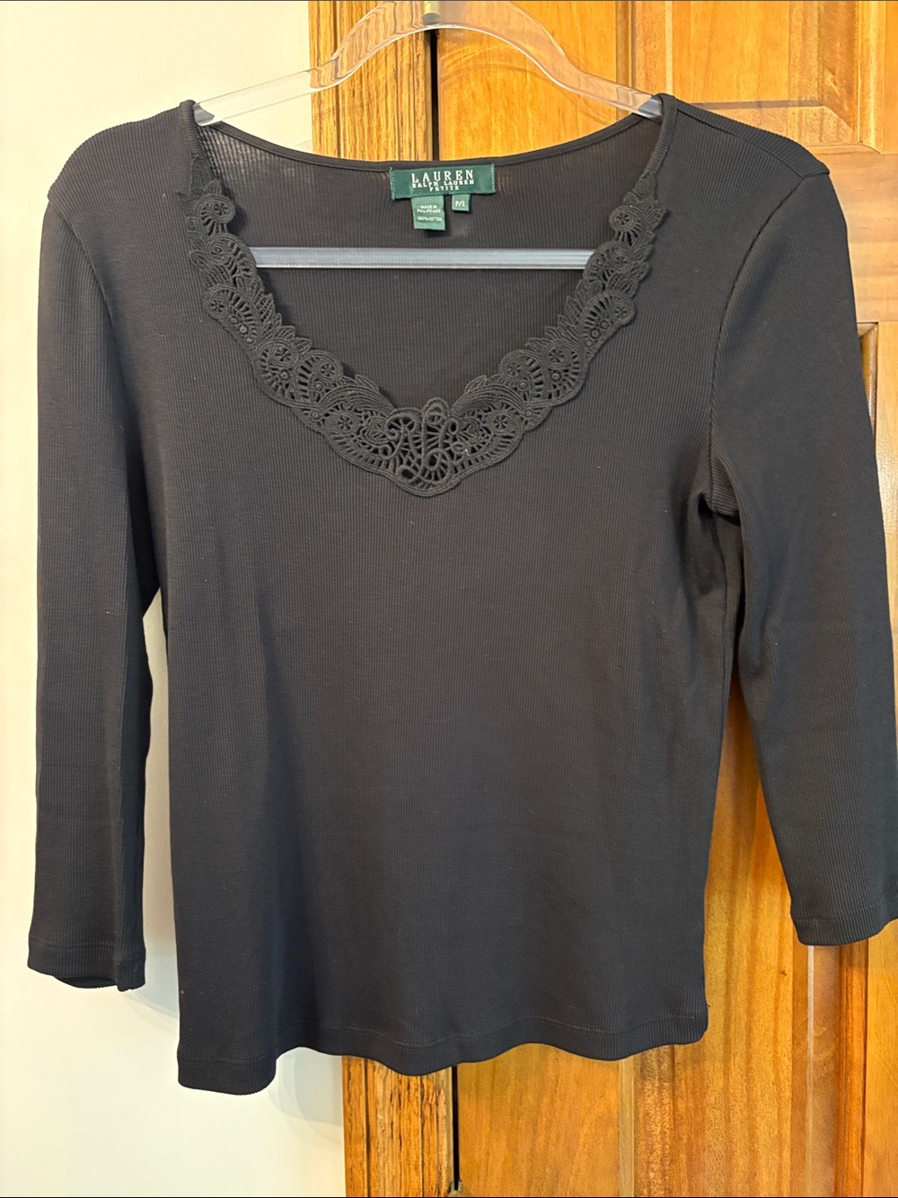 Lauren Ralph Lauren Black Top with Lace V-Neck